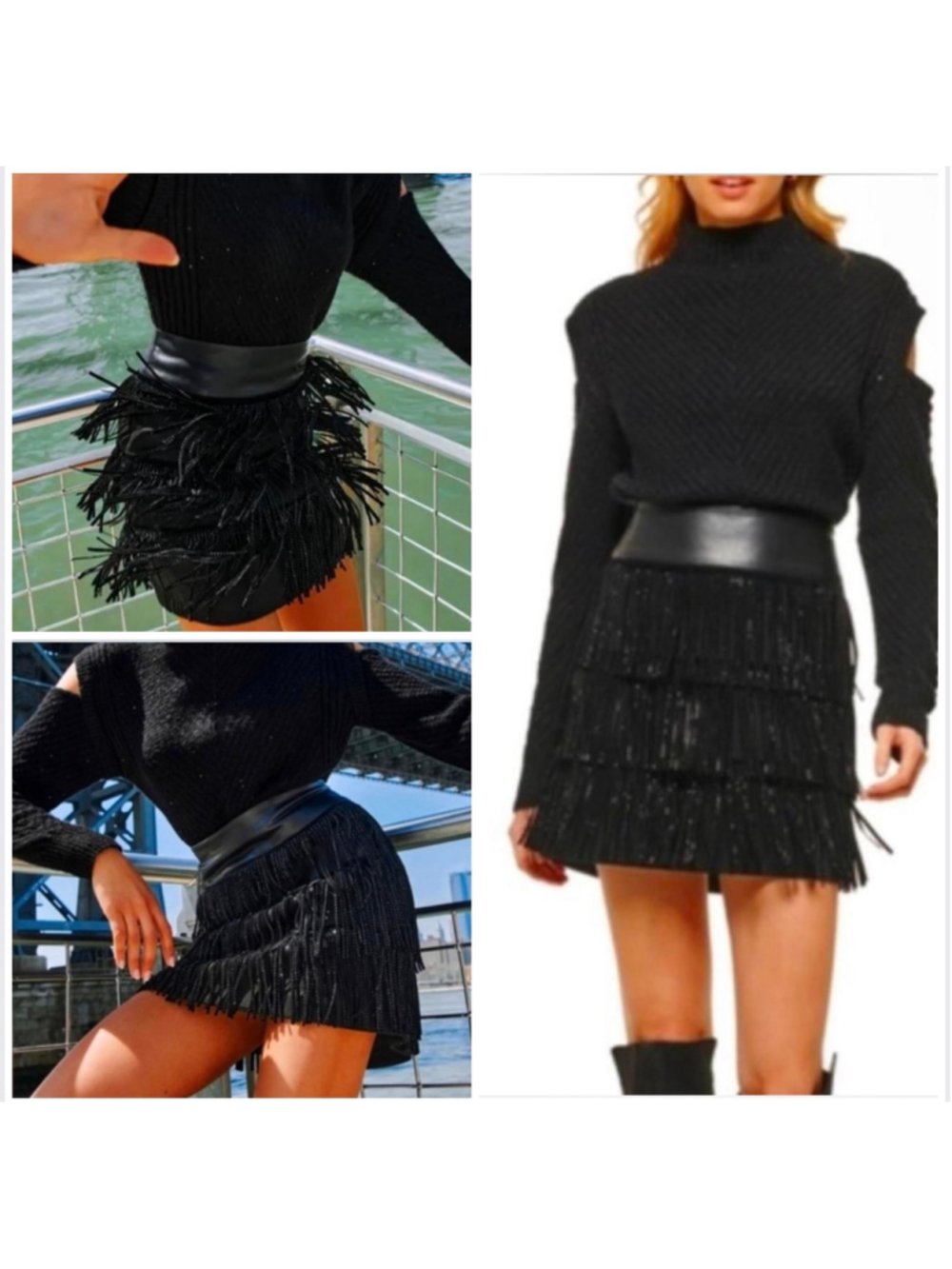 Women's DKNY Black Faux Leather Rhinestone Fringe Mini Skirt Size 14